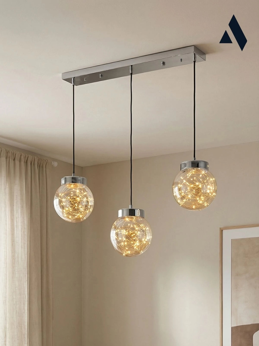 Glow 3’lü Sıralı Peri LED Avize – Cam Küre Dekoratif Yemek Masası Avizesi
