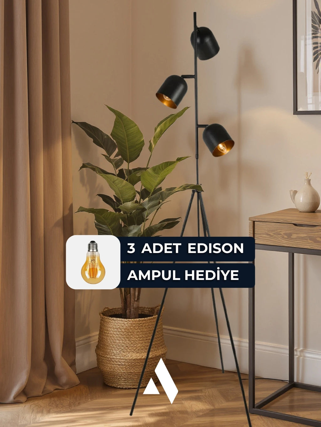 Horion Tripod Lambader – 3 Başlıklı, Ayarlanabilir, Metal Gövde (Siyah, Beyaz, Eskitme)
