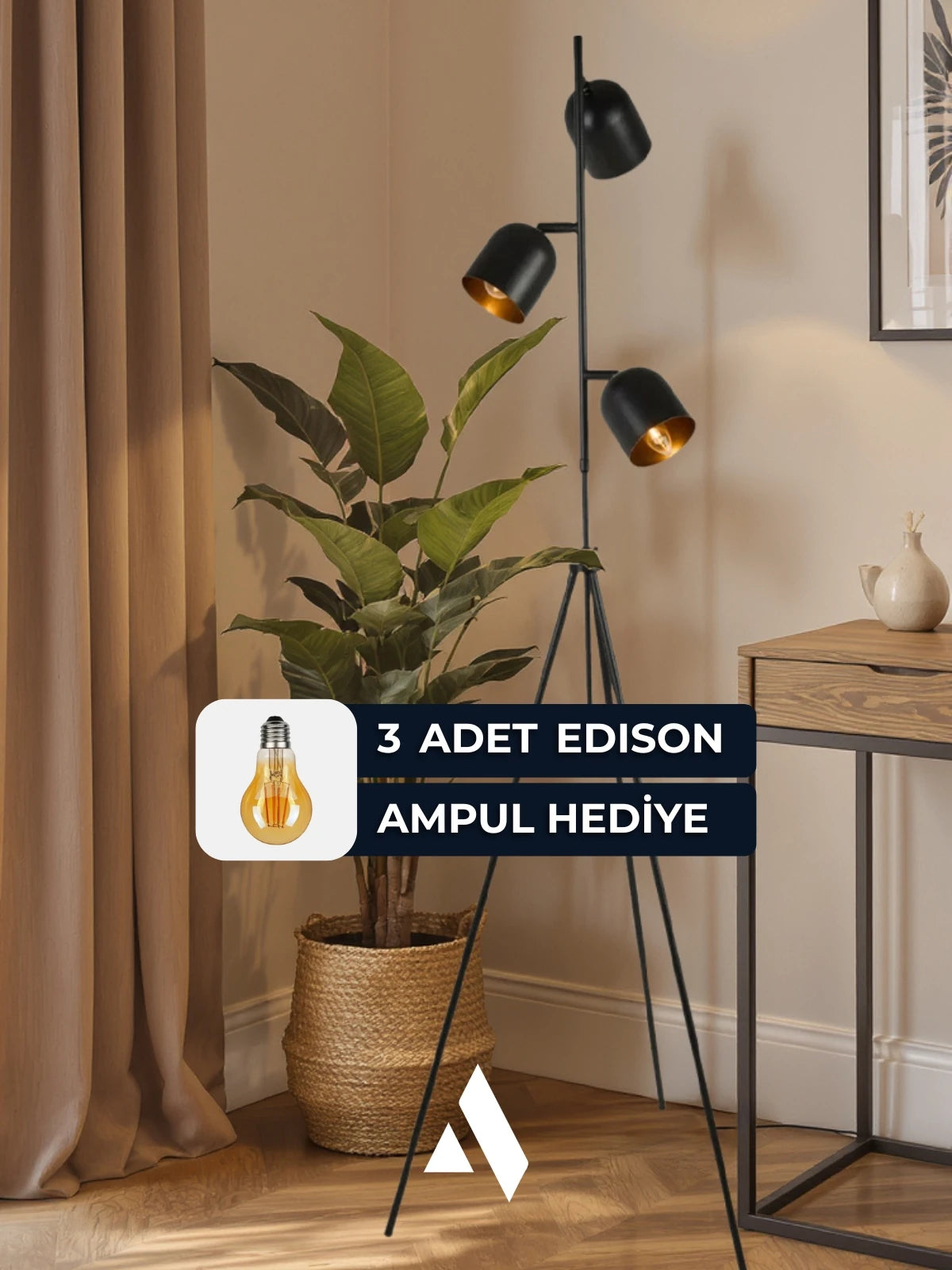 Horion Tripod Lambader – 3 Başlıklı, Ayarlanabilir, Metal Gövde (Siyah, Beyaz, Eskitme)