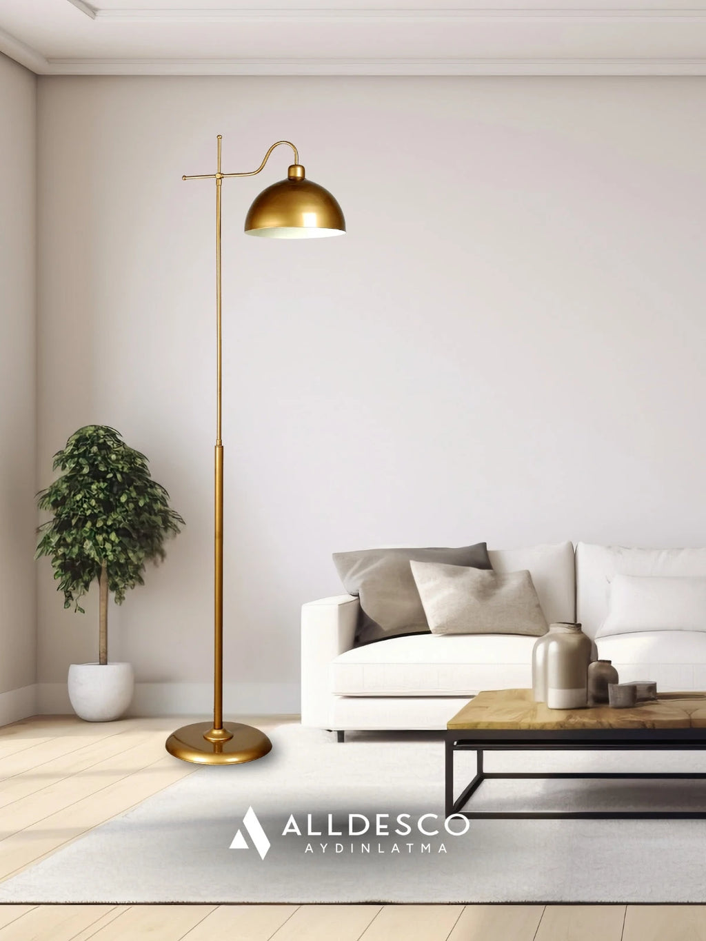 Glorea Metal Lambader – Eskitme Gold & Beyaz | Modern, Dekoratif ve Zarif Yer Aydınlatması
