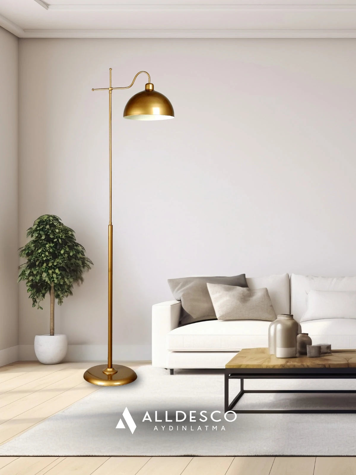Glorea Metal Lambader – Eskitme Gold & Beyaz | Modern, Dekoratif ve Zarif Yer Aydınlatması