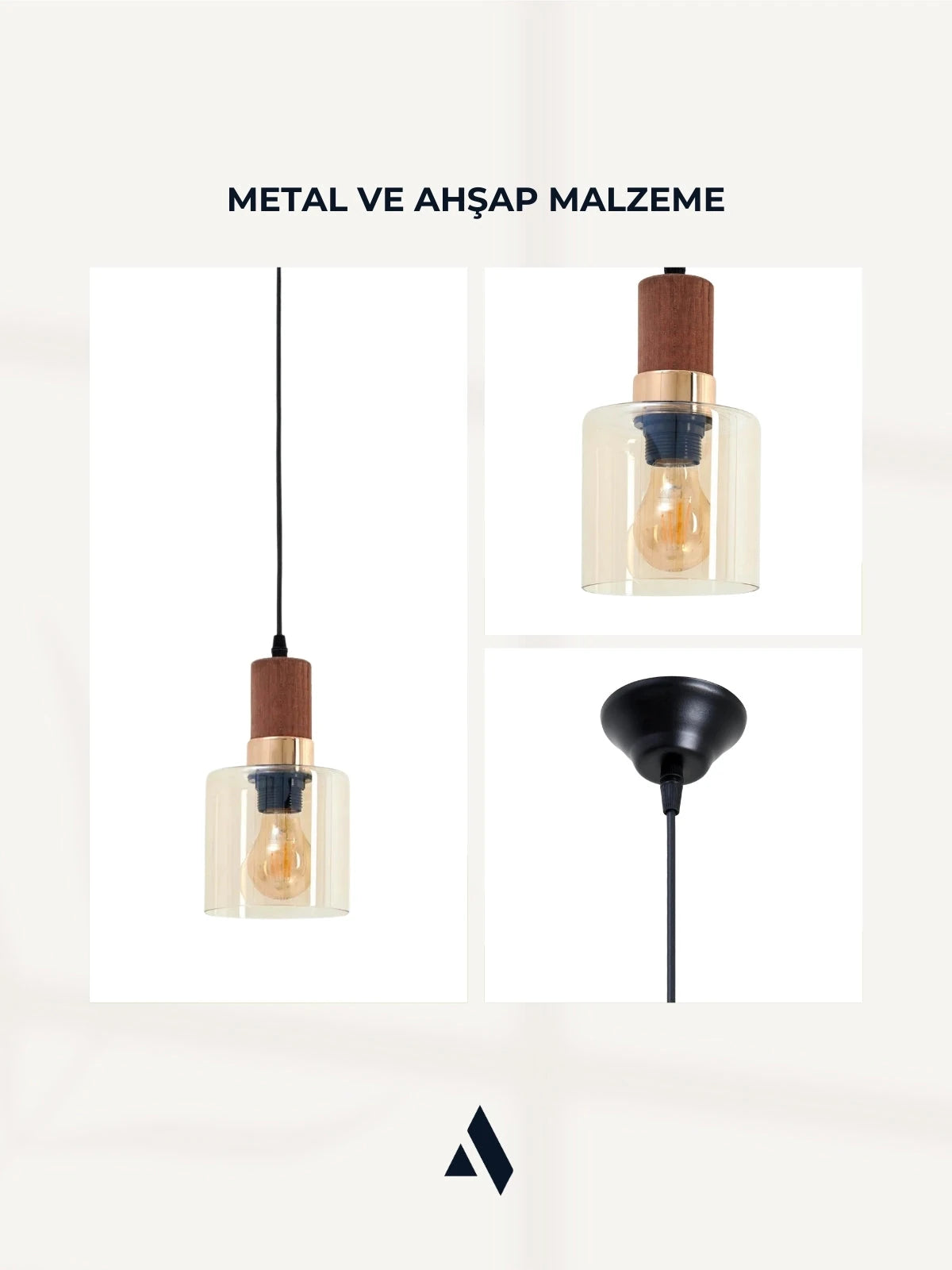 Sienna Tekli Cam Sarkıt Avize – Modern Tasarım, Ahşap ve Gold Detaylı, Ayarlanabilir Uzunluk