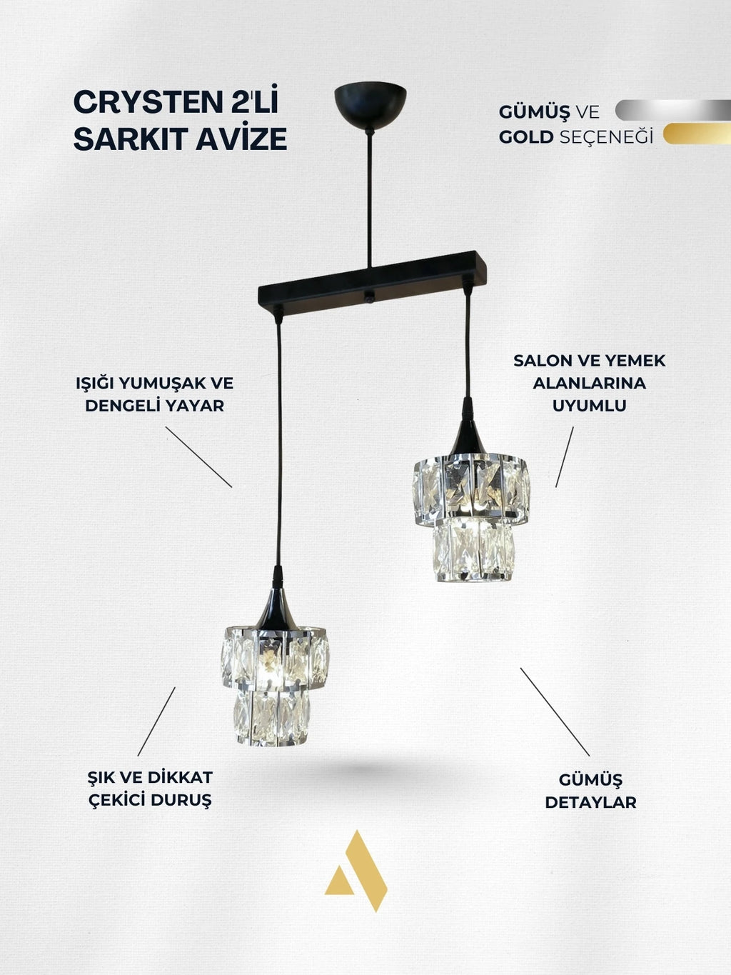 Crysten Luxe 2’li Kristal Taşlı Sarkıt Avize | Gold & Krom Başlıklı Modern Lüks Aydınlatma