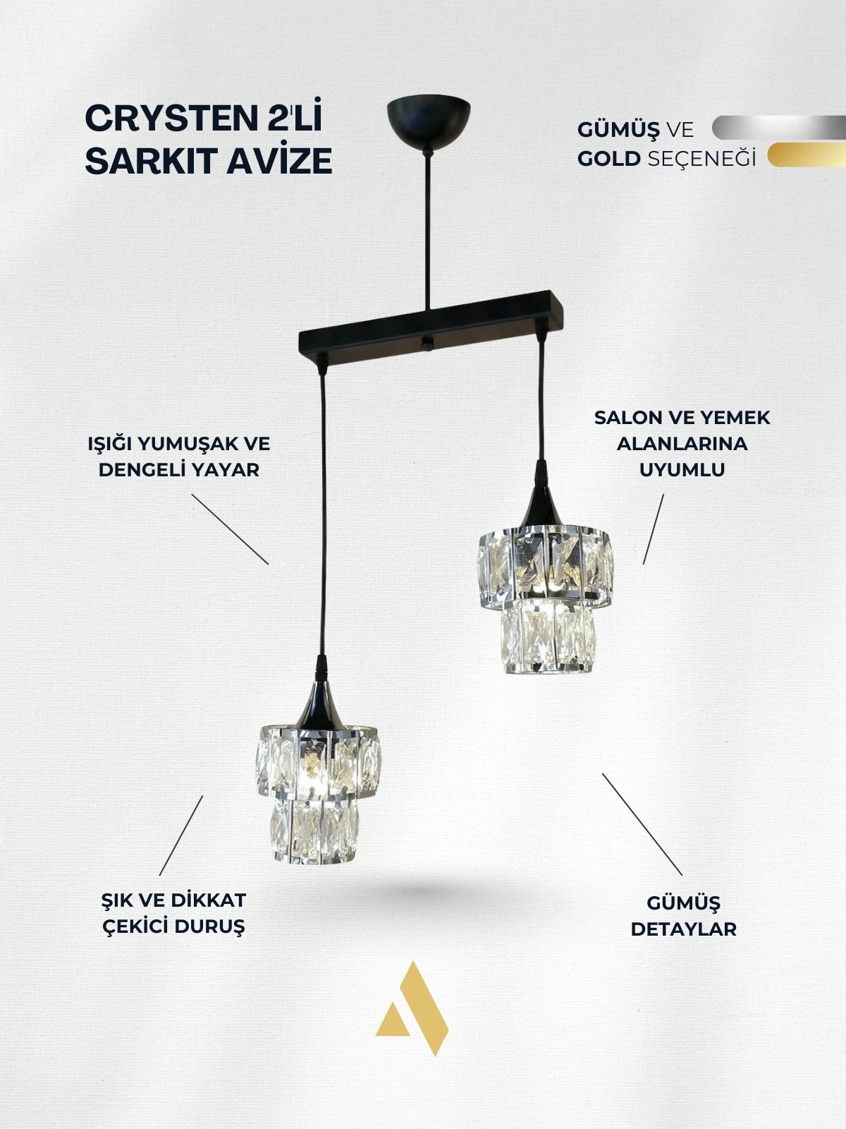 Crysten Luxe 2’li Kristal Taşlı Sarkıt Avize | Gold & Krom Başlıklı Modern Lüks Aydınlatma