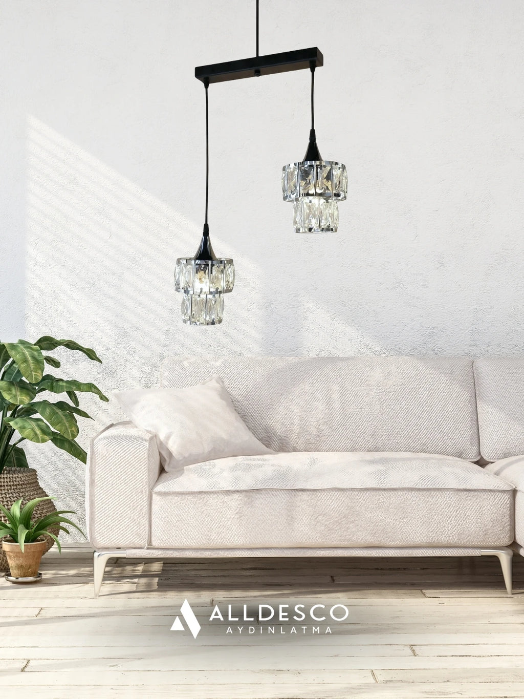 Crysten Luxe 2’li Kristal Taşlı Sarkıt Avize | Gold & Krom Başlıklı Modern Lüks Aydınlatma