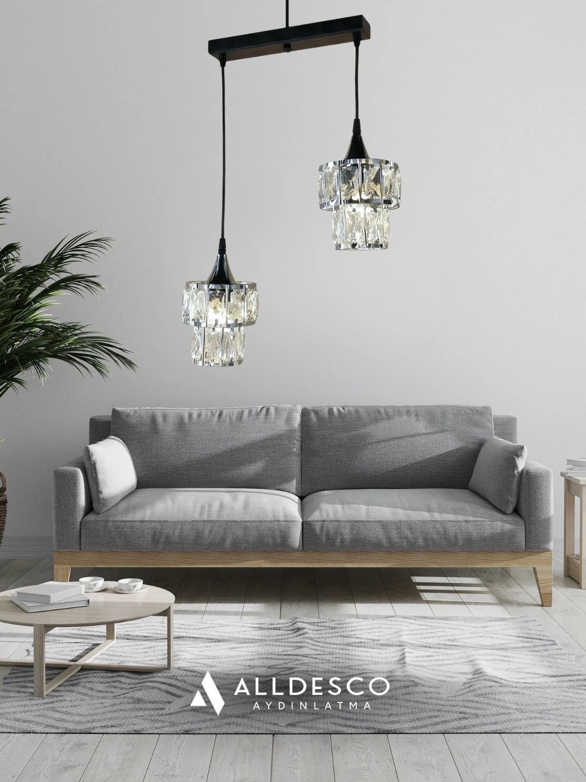 Crysten Luxe 2’li Kristal Taşlı Sarkıt Avize | Gold & Krom Başlıklı Modern Lüks Aydınlatma