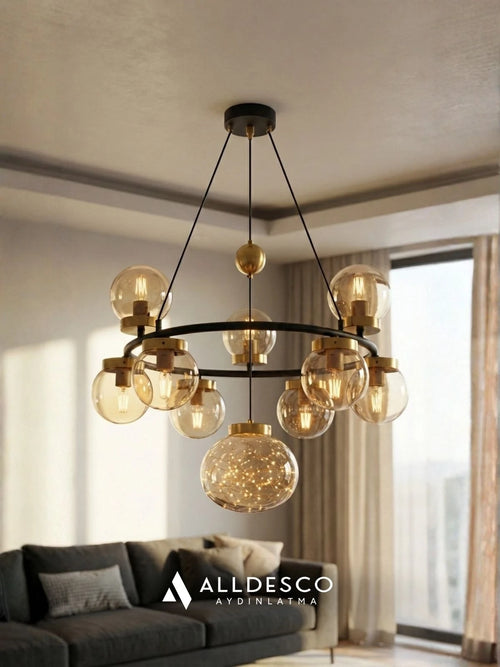 Alldesco Celestra 9’lu Bal Camlı Peri LED Modern Salon Avizesi – Gold Detaylı Siyah Sarkıt Avize