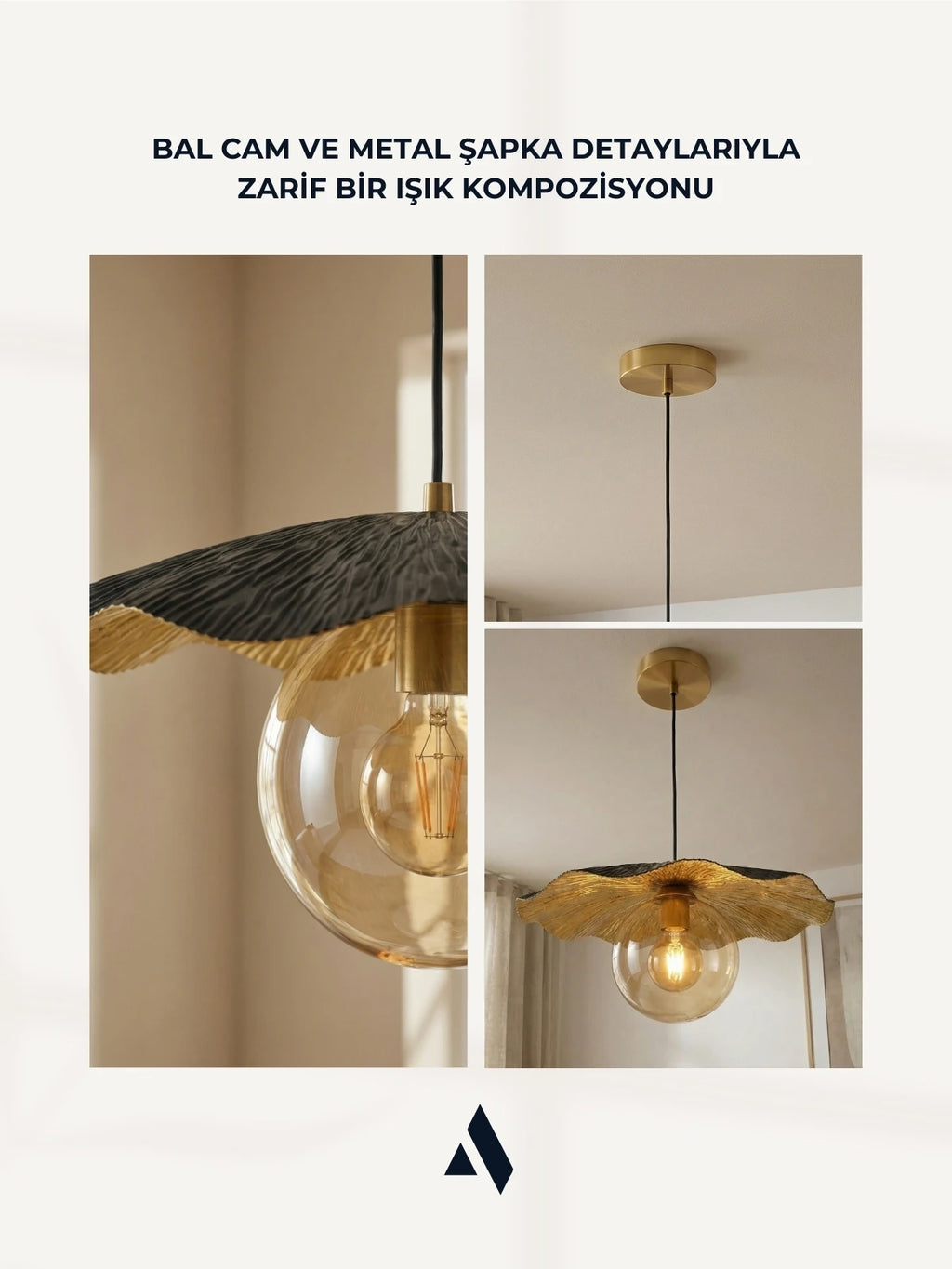 Canopy Tekli Sarkıt Avize | Lüks Gold Metal Şapkalı, Bal Camlı Modern Aydınlatma