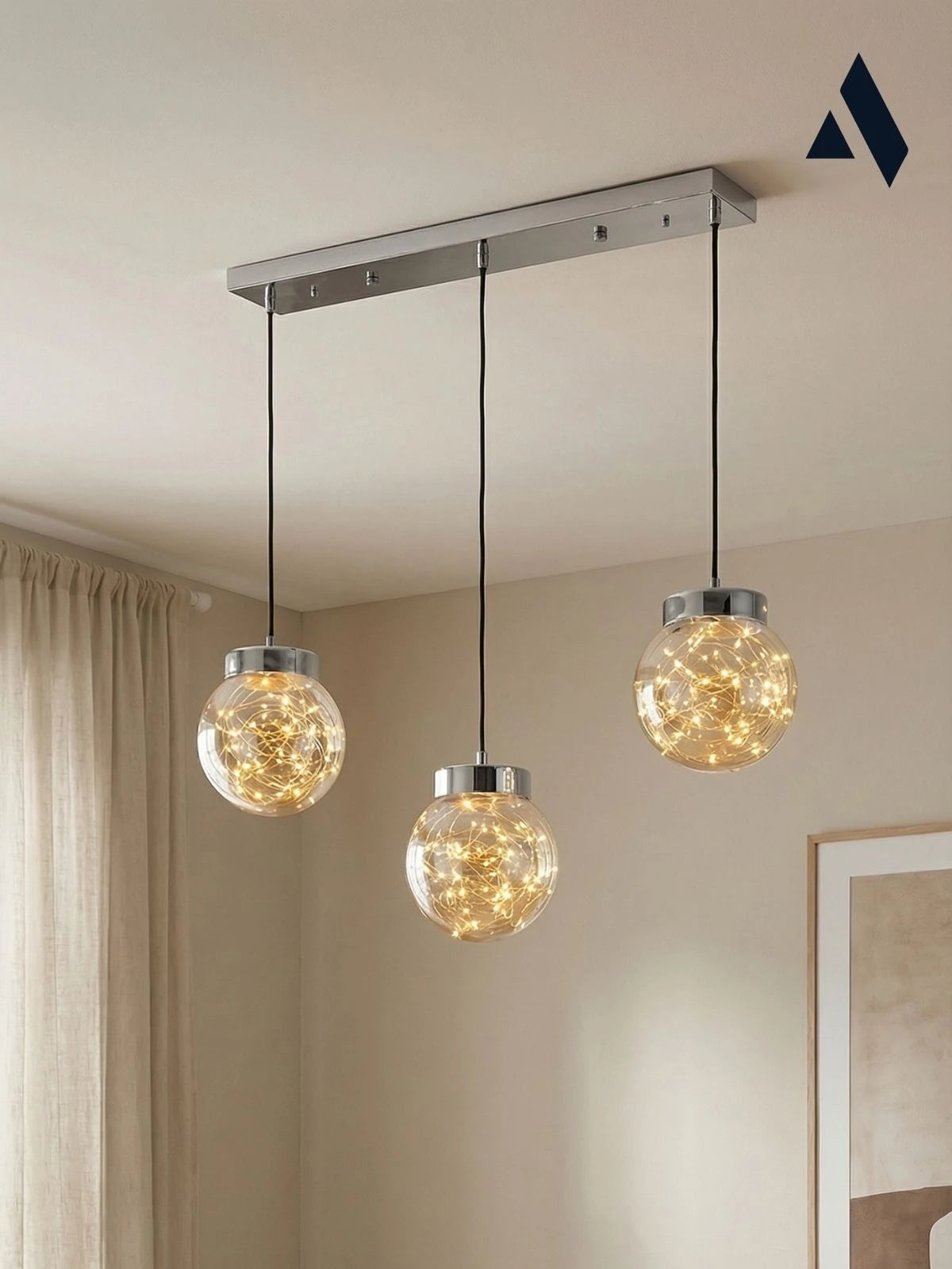 Glow 3’lü Sıralı Peri LED Avize – Cam Küre Dekoratif Yemek Masası Avizesi