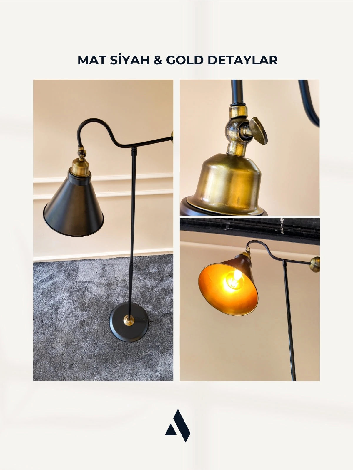 Ardine Ayarlanabilir Siyah Lambader | Gold Detaylı Metal Gövde – Modern ve Fonksiyonel Tasarım