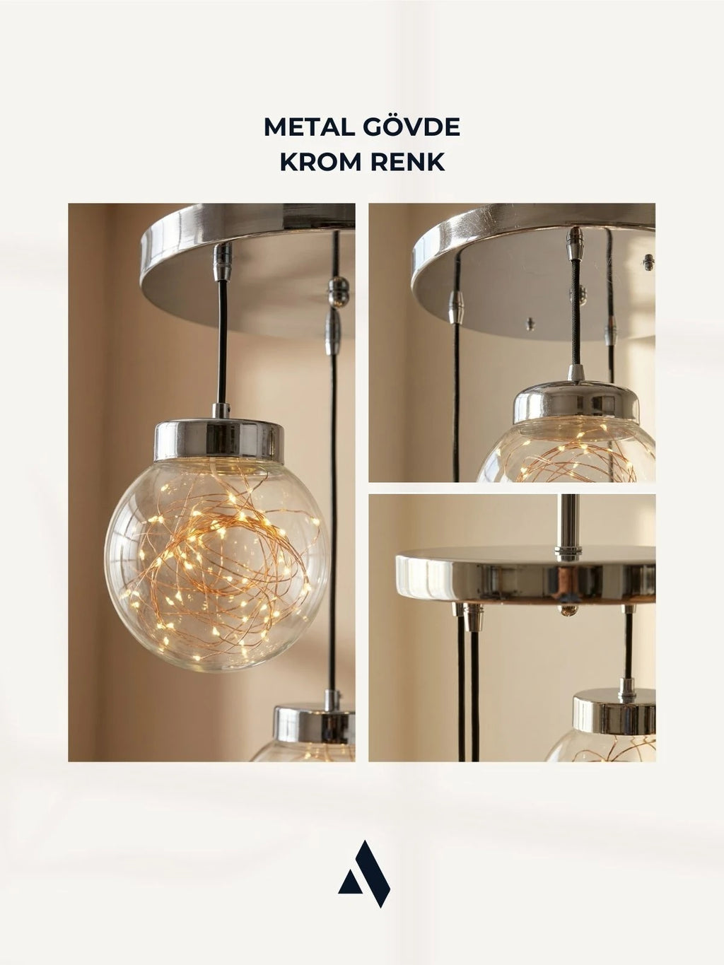 Glow 3’lü Peri LED Avize – Bal / Füme Cam Küreli Modern Sarkıt Avize (Gold & Krom Kaplama)