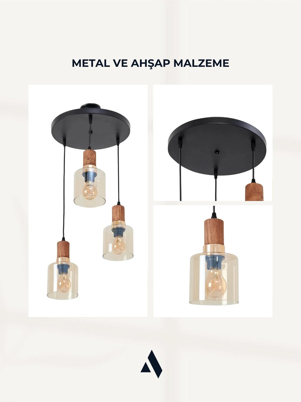 Sienna 3’lü Cam Sarkıt Avize – Ahşap ve Gold Detay, Ayarlanabilir uzunluk, Siyah Tavan Tepsili