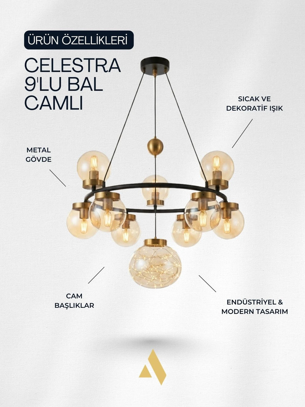 Alldesco Celestra 9’lu Bal Camlı Peri LED Modern Salon Avizesi – Gold Detaylı Siyah Sarkıt Avize