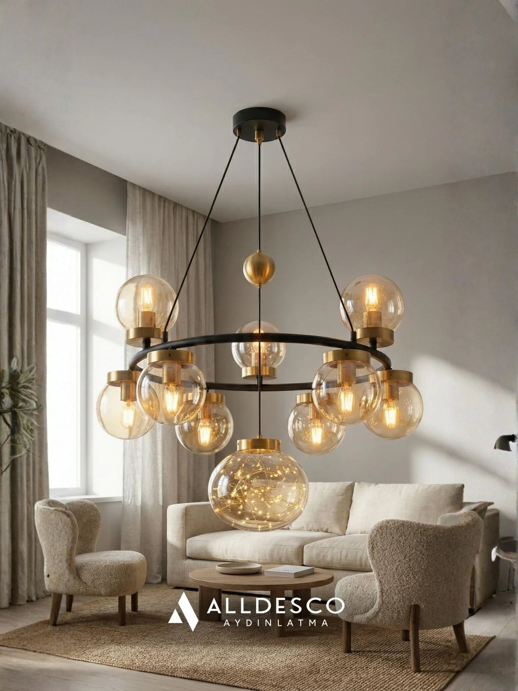 Alldesco Celestra 9’lu Bal Camlı Peri LED Modern Salon Avizesi – Gold Detaylı Siyah Sarkıt Avize