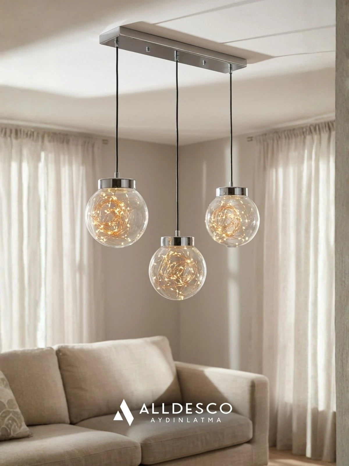 Glow 3’lü Sıralı Peri LED Avize – Cam Küre Dekoratif Yemek Masası Avizesi