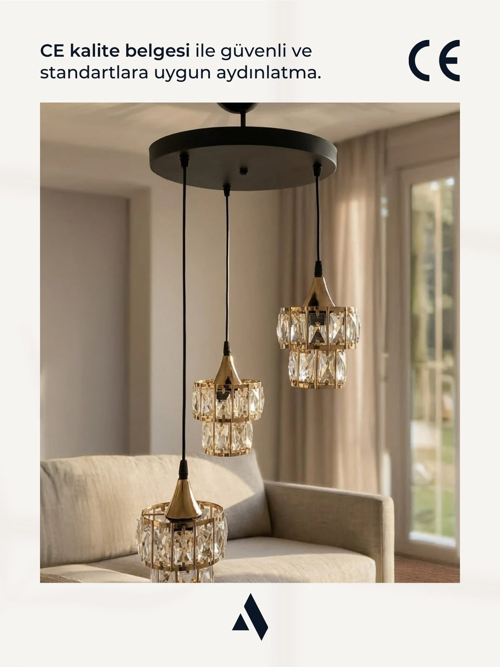 Crysten Luxe 3’lü Kristal Taşlı Sarkıt Avize (Gold & Silver)