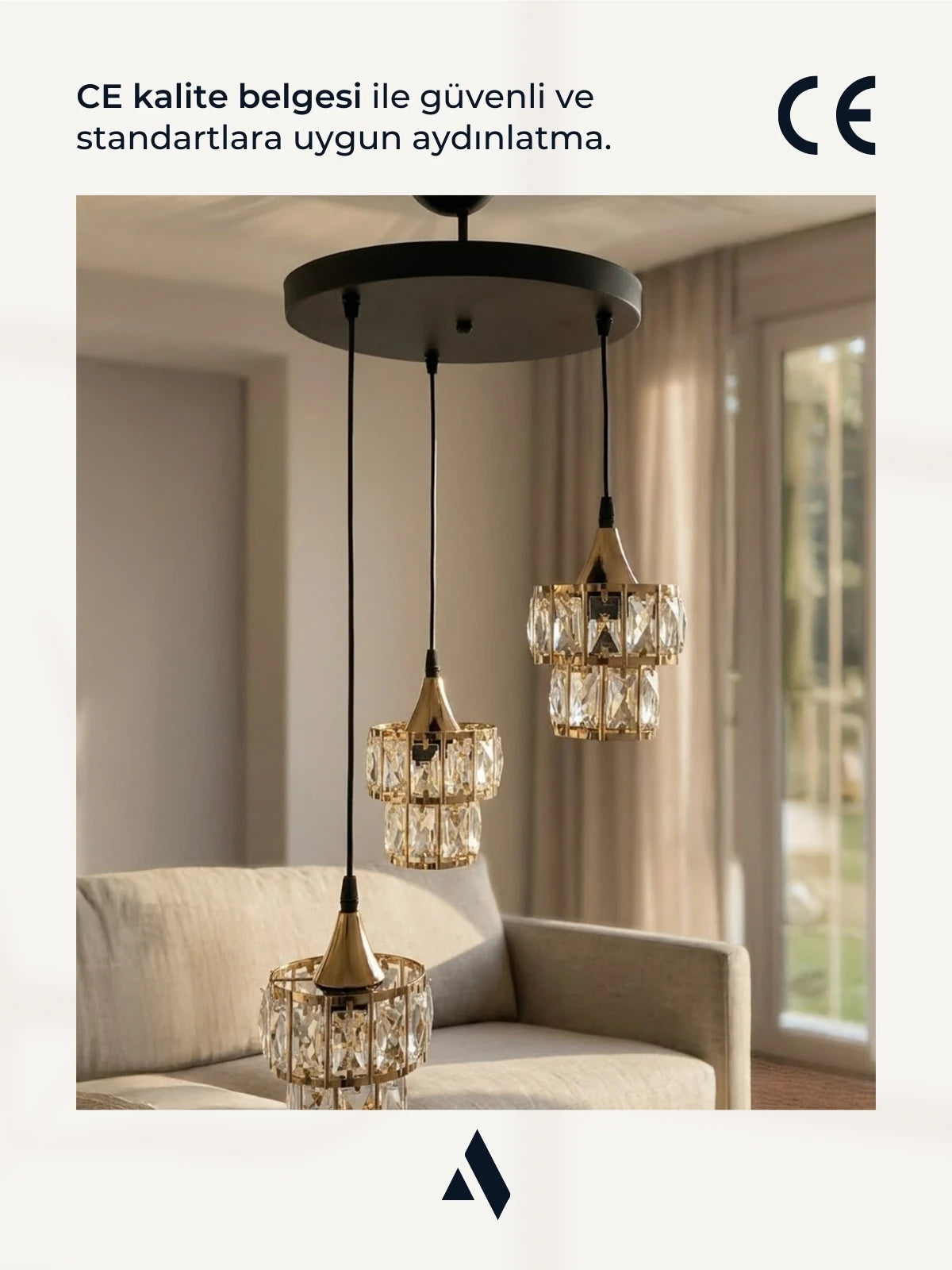 Crysten Luxe 3’lü Kristal Taşlı Sarkıt Avize (Gold & Silver)