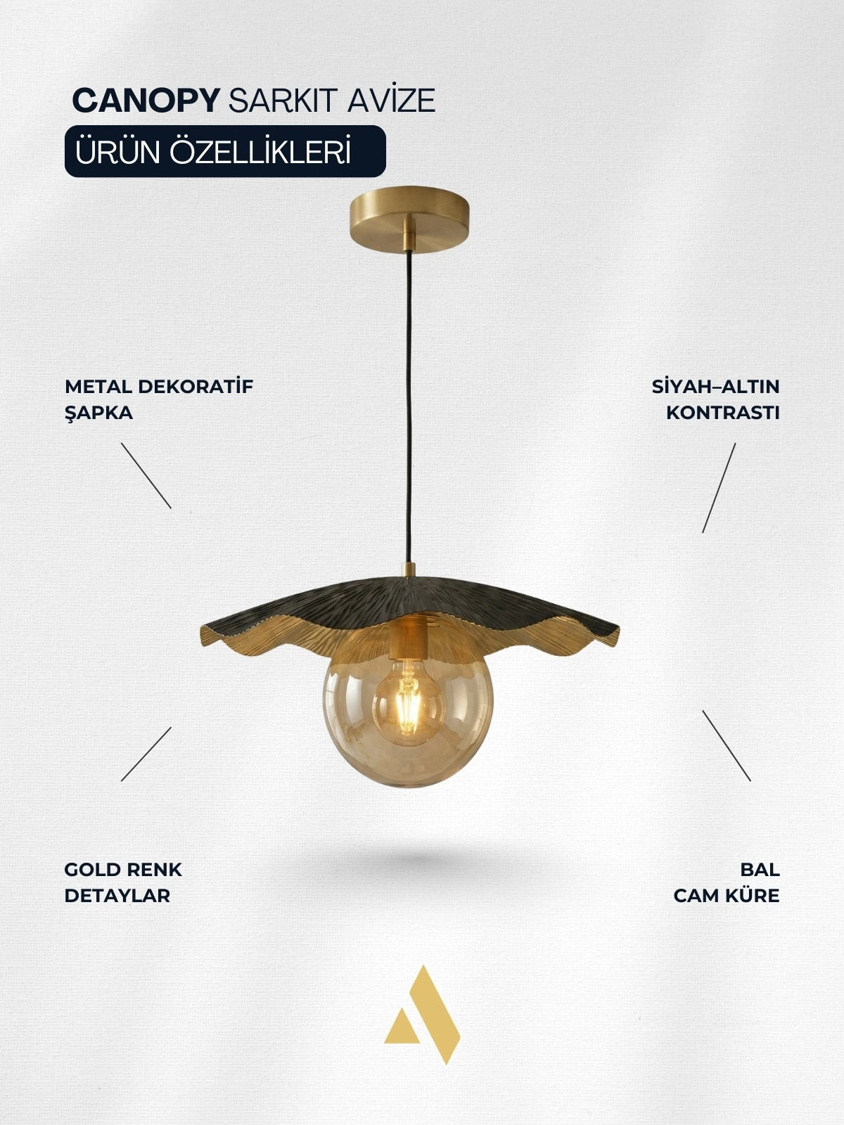 Canopy Tekli Sarkıt Avize | Lüks Gold Metal Şapkalı, Bal Camlı Modern Aydınlatma
