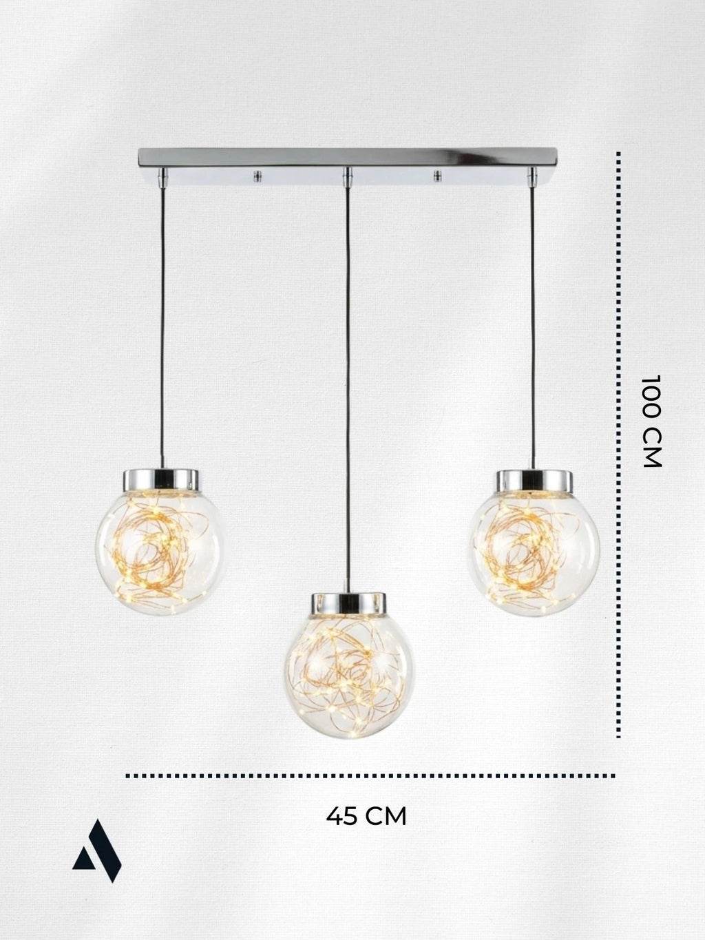 Glow 3’lü Sıralı Peri LED Avize – Cam Küre Dekoratif Yemek Masası Avizesi