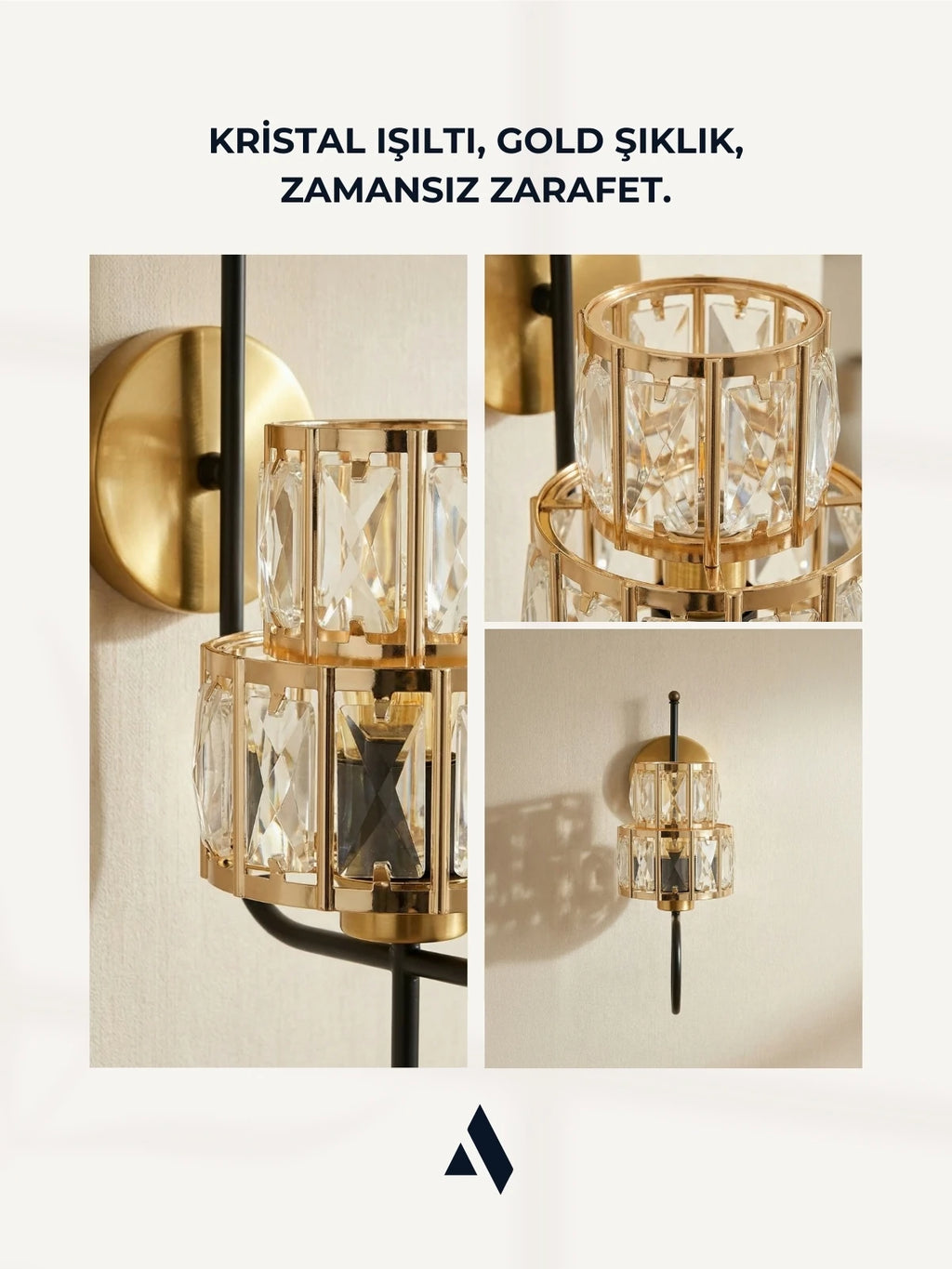 Crysten Kristal Duvar Apliği – Gold & Gümüş Dekoratif Metal Duvar Lambası | Alldesco