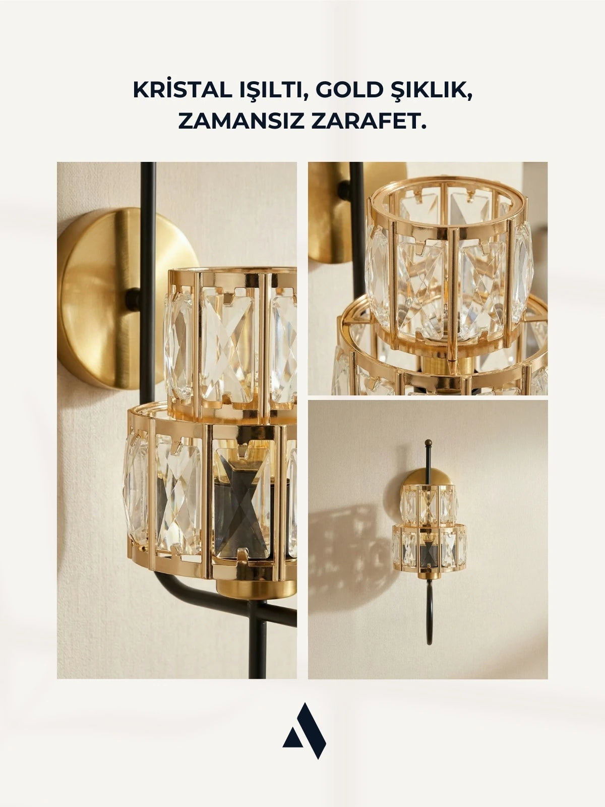 Crysten Kristal Duvar Apliği – Gold & Gümüş Dekoratif Metal Duvar Lambası | Alldesco