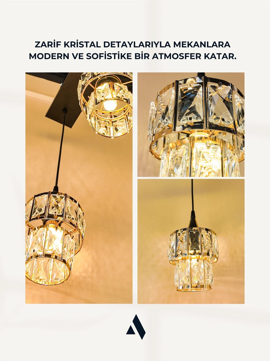 Crysten Luxe 2’li Kristal Taşlı Sarkıt Avize | Gold & Krom Başlıklı Modern Lüks Aydınlatma