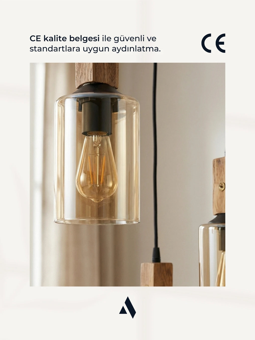 Altira 3'lü Ahşap Sarkıt Avize – Modern Camlı Tepsili Dekoratif Salon ve Yemek Masası Avizesi