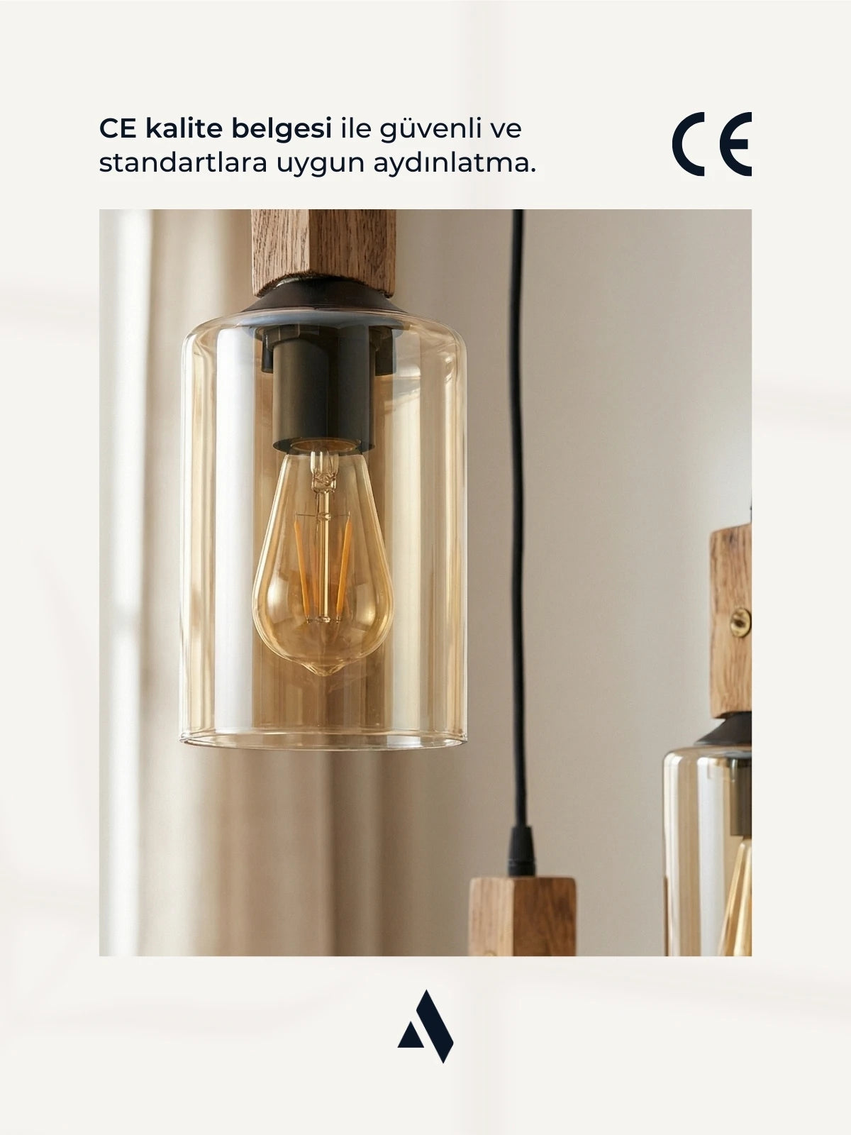 Altira 3'lü Ahşap Sarkıt Avize – Modern Camlı Tepsili Dekoratif Salon ve Yemek Masası Avizesi