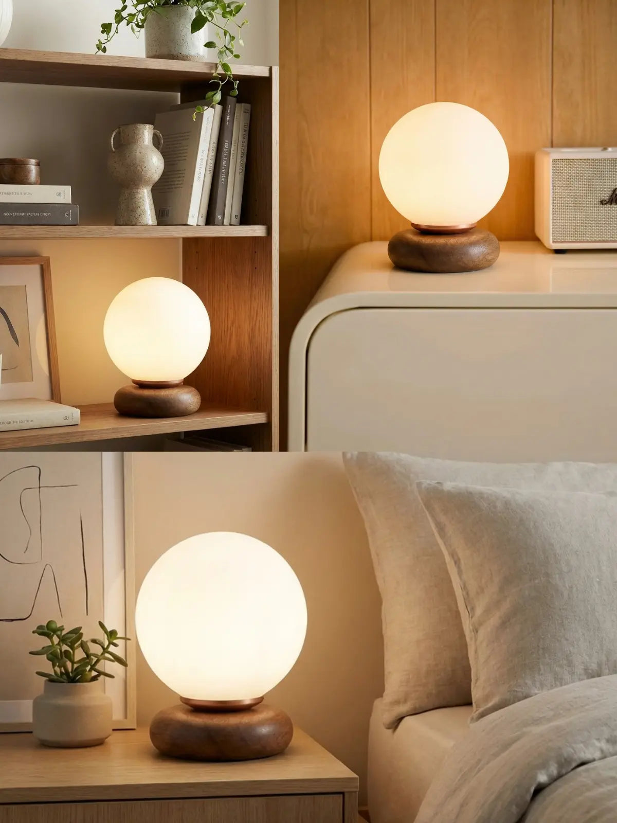 Alldesco Orbina Soft Opal Cam Masa Lambası – Ahşap Tabanlı Minimal Abajur