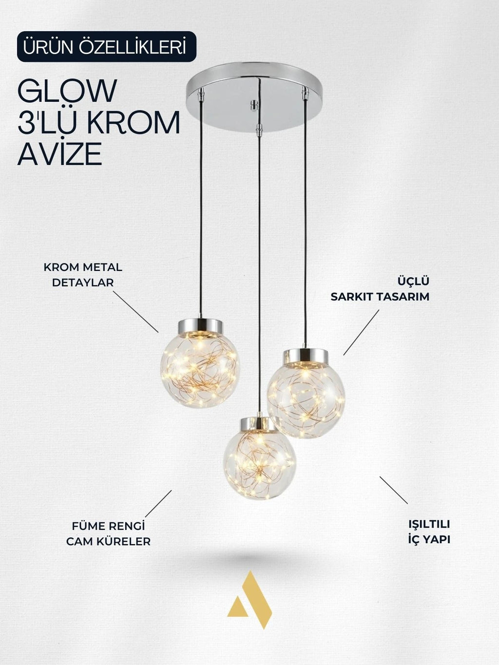 Glow 3’lü Peri LED Avize – Bal / Füme Cam Küreli Modern Sarkıt Avize (Gold & Krom Kaplama)