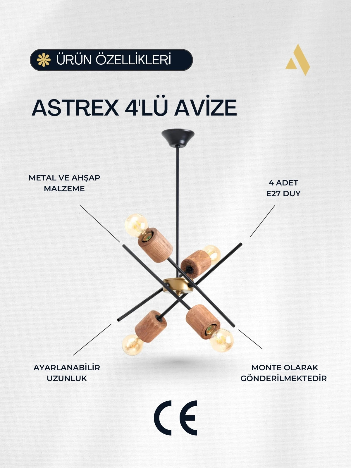 Astrex 4 Ampullü Modern Avize | Ahşap Detaylı, Çapraz Gövdeli Tavan Aydınlatması