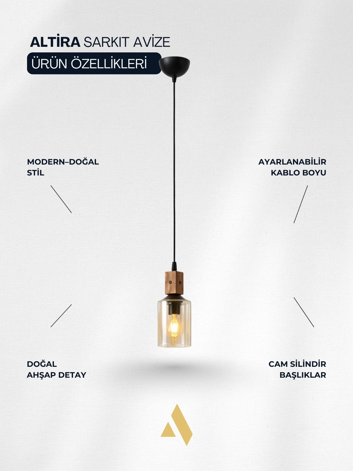 Altira Ahşap Tekli Sarkıt Avize – Modern Camlı Mutfak ve Yemek Masası Aydınlatması