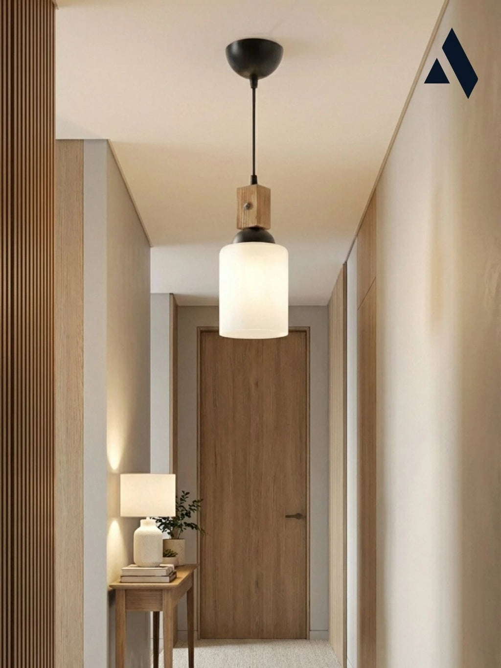 Altira Ahşap Tekli Sarkıt Avize – Modern Camlı Mutfak ve Yemek Masası Aydınlatması