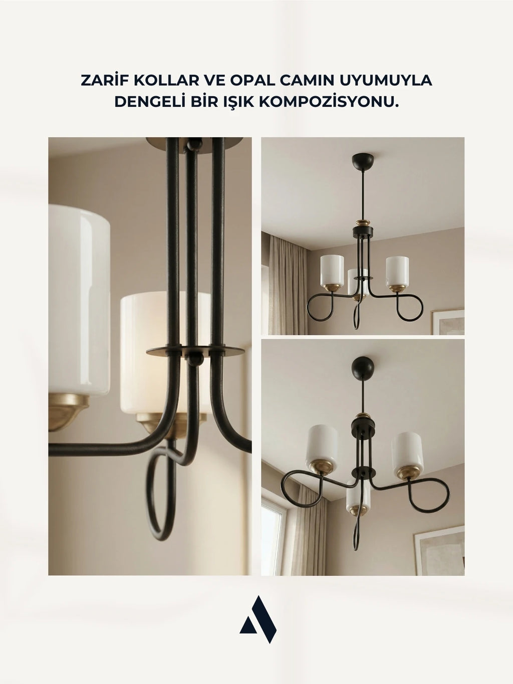 Flow 3’lü Cam Avize | Beyaz Opal Camlı, Modern Gold Detaylı Tavan Aydınlatması