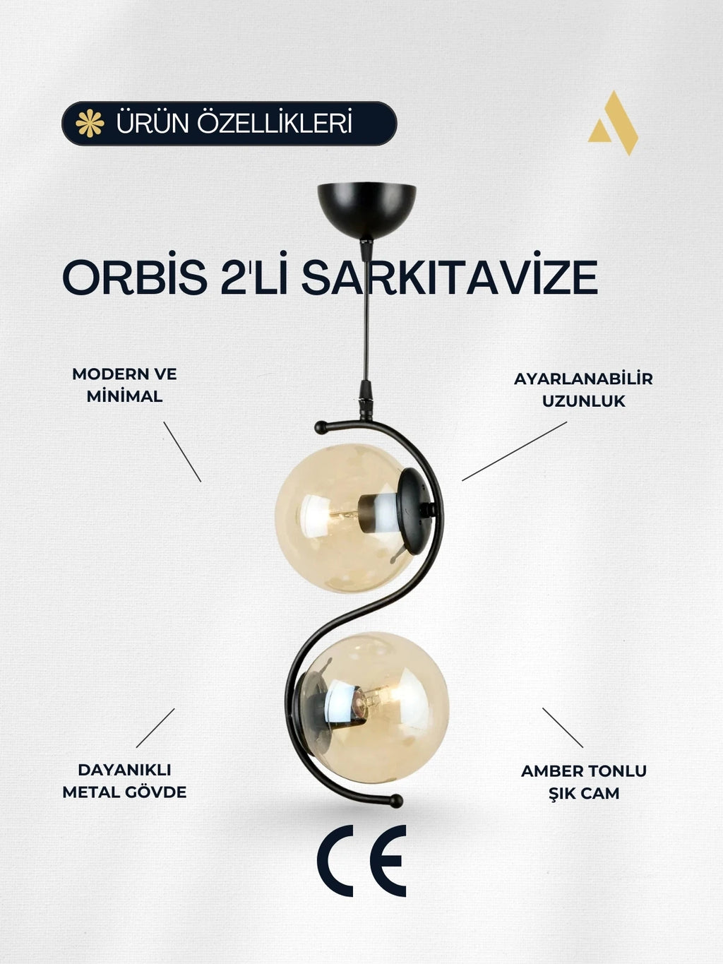 Orbis 2'li Sarkıt Avize – Modern Camlı S Form Metal Avize