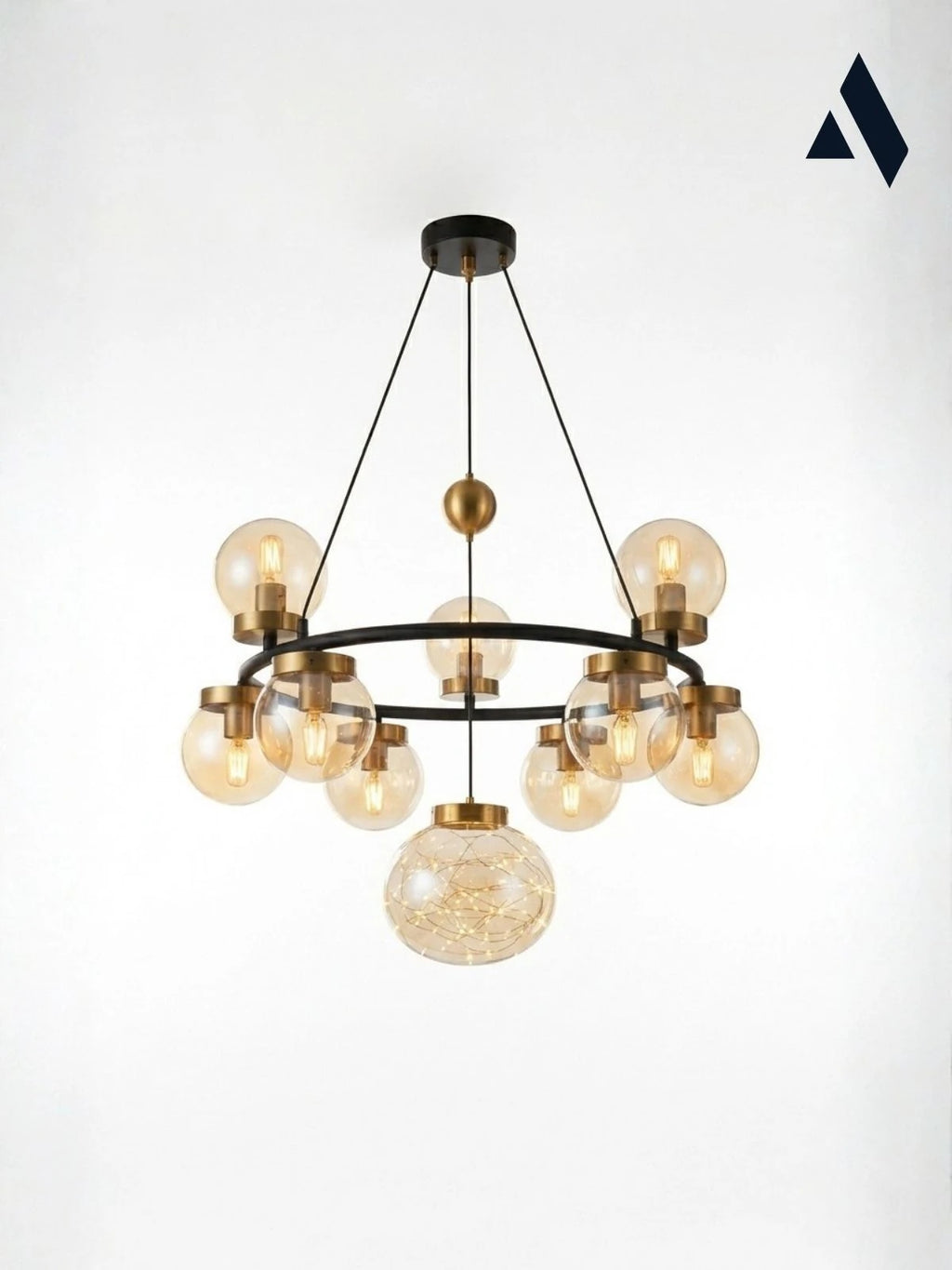 Alldesco Celestra 9’lu Bal Camlı Peri LED Modern Salon Avizesi – Gold Detaylı Siyah Sarkıt Avize