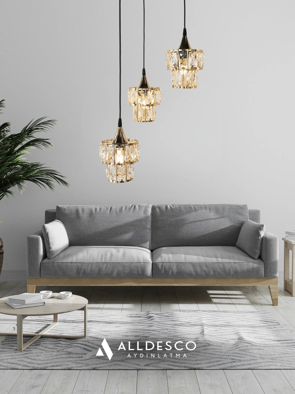 Crysten Luxe 3’lü Kristal Taşlı Sarkıt Avize (Gold & Silver)