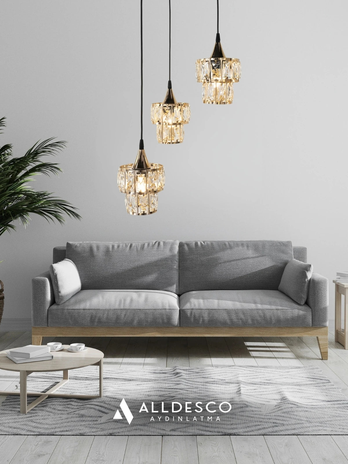 Crysten Luxe 3’lü Kristal Taşlı Sarkıt Avize (Gold & Silver)