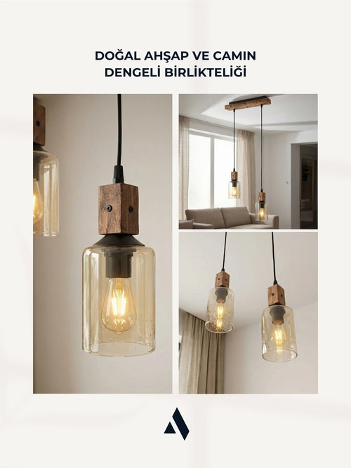 Altira 2'li Ahşap Sarkıt Avize – Modern Camlı Sıralı Mutfak ve Yemek Masası Avizesi