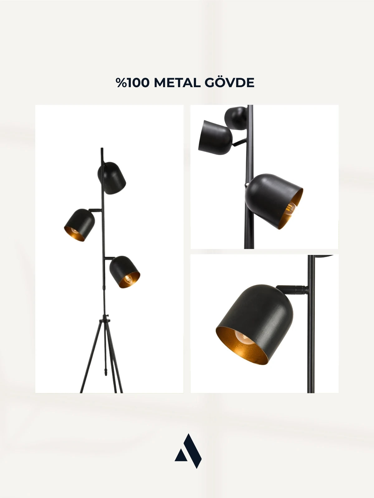 Horion Tripod Lambader – 3 Başlıklı, Ayarlanabilir, Metal Gövde (Siyah, Beyaz, Eskitme)