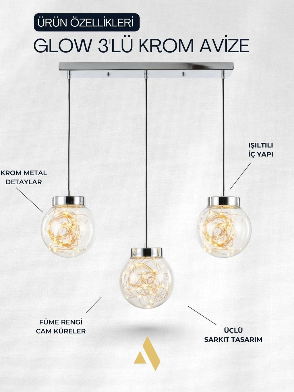 Glow 3’lü Sıralı Peri LED Avize – Cam Küre Dekoratif Yemek Masası Avizesi