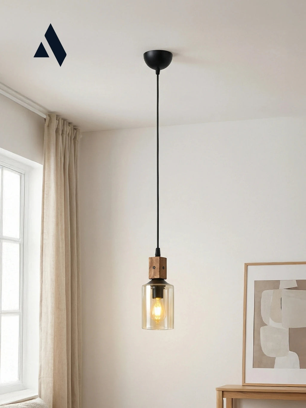 Altira Ahşap Tekli Sarkıt Avize – Modern Camlı Mutfak ve Yemek Masası Aydınlatması