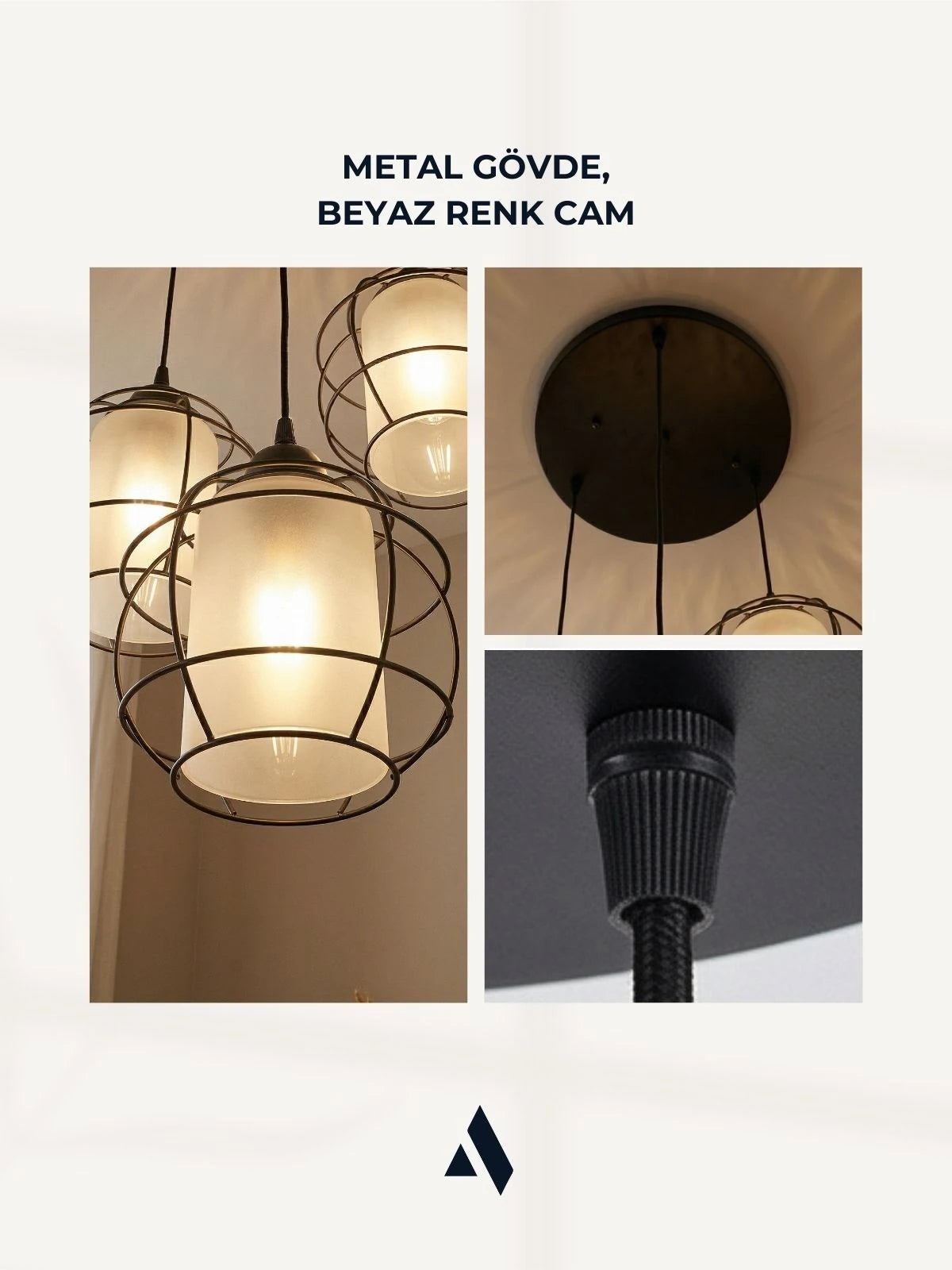 Nexus 3’lü Tel Kafes Avize – Endüstriyel Metal Avize (Camsız / Bal Cam / Beyaz Cam)