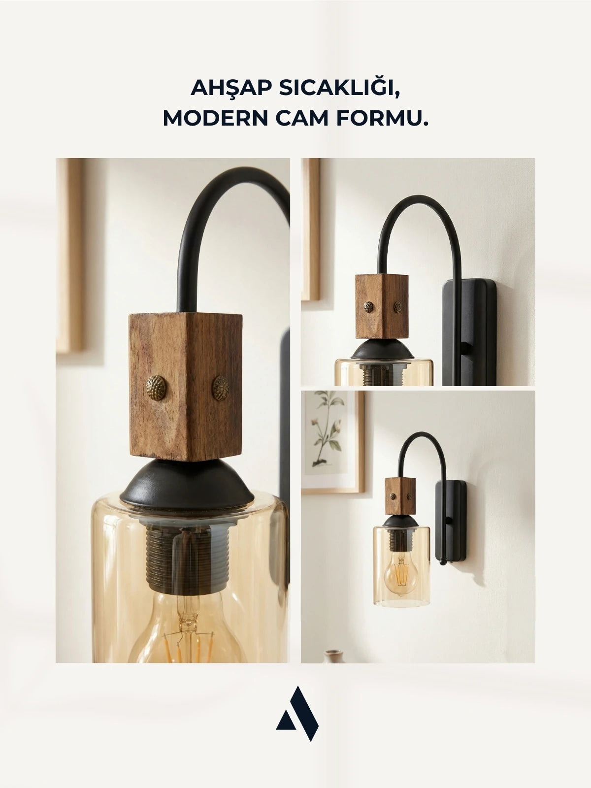 Altira Ahşap Süslemeli Duvar Apliği – Rustik Modern Stil, Opal ve Bal Camlı