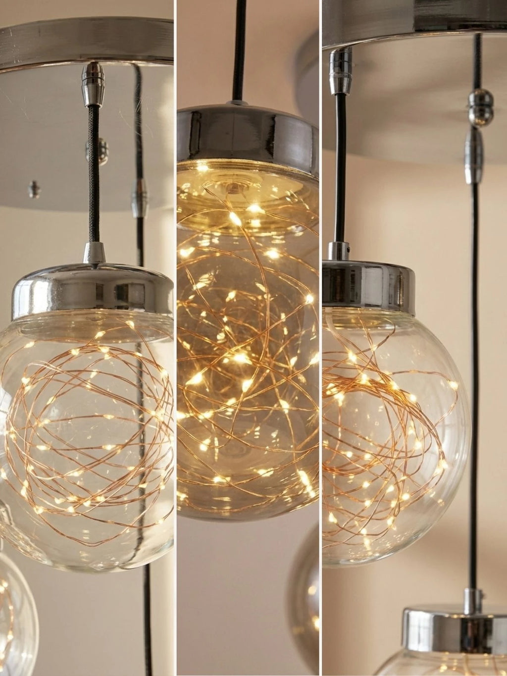 Glow 3’lü Peri LED Avize – Bal / Füme Cam Küreli Modern Sarkıt Avize (Gold & Krom Kaplama)