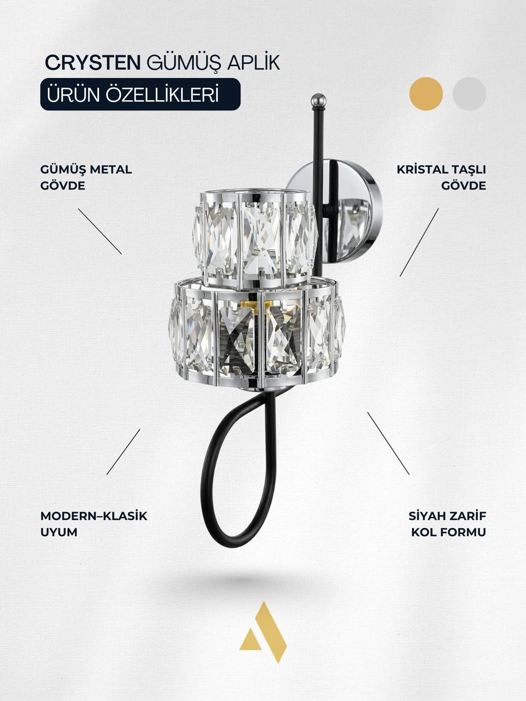 Crysten Kristal Duvar Apliği – Gold & Gümüş Dekoratif Metal Duvar Lambası | Alldesco