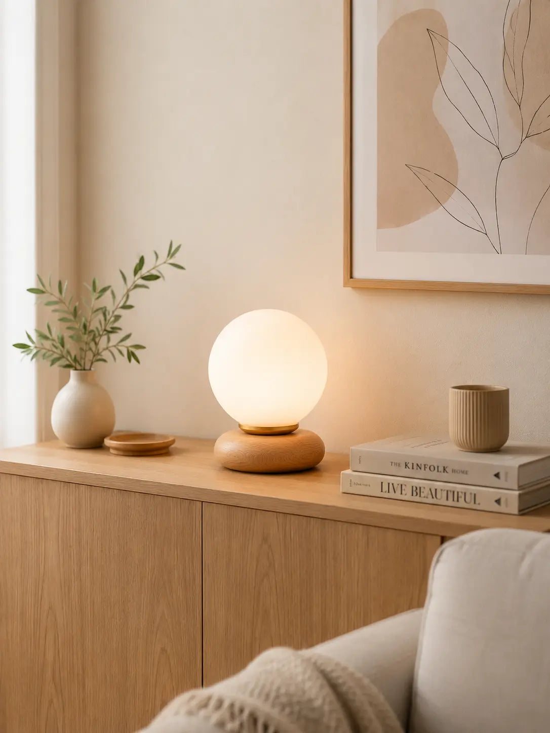 Alldesco Orbina Soft Opal Cam Masa Lambası – Ahşap Tabanlı Minimal Abajur