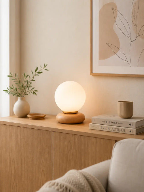 Alldesco Orbina Soft Opal Cam Masa Lambası – Ahşap Tabanlı Minimal Abajur