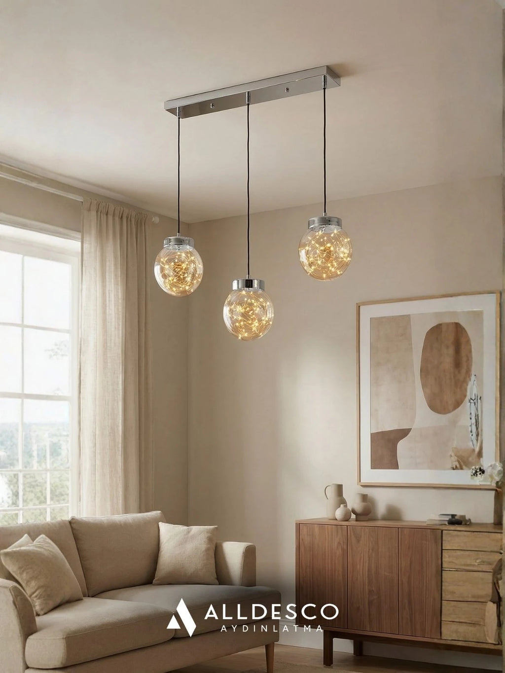 Glow 3’lü Sıralı Peri LED Avize – Cam Küre Dekoratif Yemek Masası Avizesi