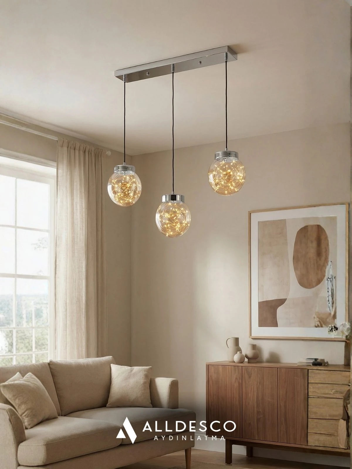 Glow 3’lü Sıralı Peri LED Avize – Cam Küre Dekoratif Yemek Masası Avizesi
